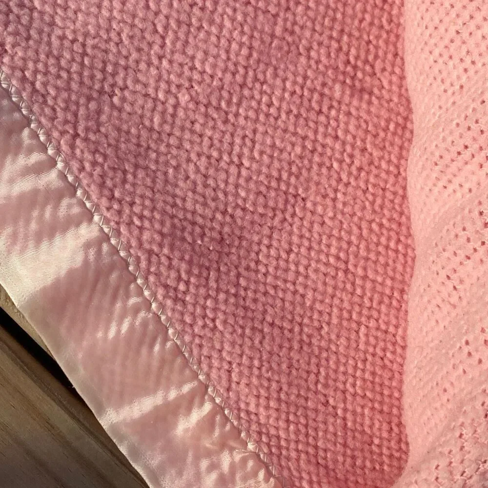 Vintage Woven Blanket Pink Embroidered Flowers Satin Trim 66” x 95”
